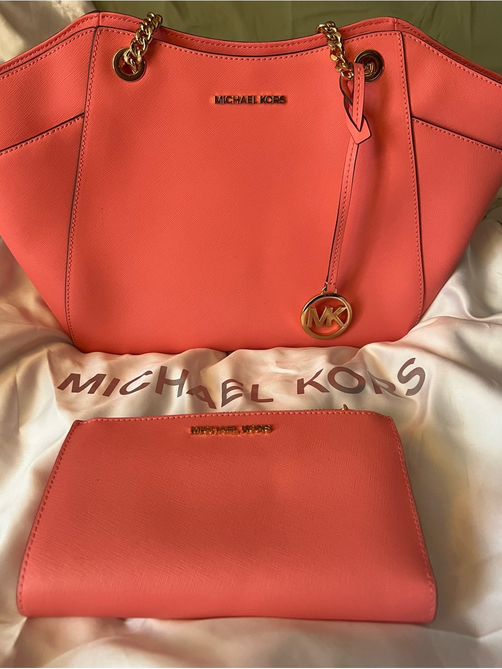 Michael Kors Coral Pink Saffiano Tote with Matching Wallet